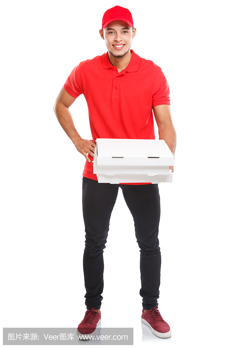 披萨外卖拉丁男人男孩订单送货工作全身画像送货盒子年轻孤立在白色